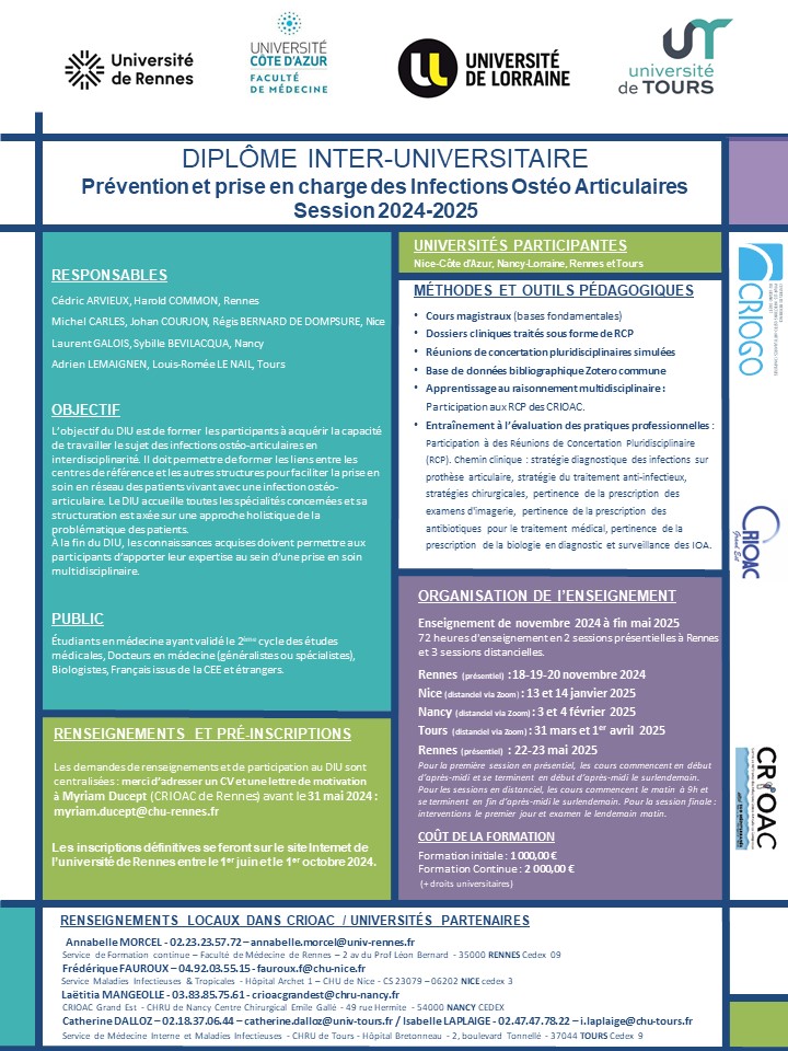 DIPLÔME INTER-UNIVERSITAIRE : Prévention et prise en charge des Infections Ostéo Articulaires / Session 2024-2025 