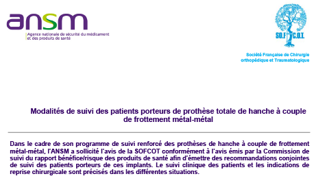 Modalités de suivi des patients porteurs de prothèse totale de hanche à couple de frottement métal-métal