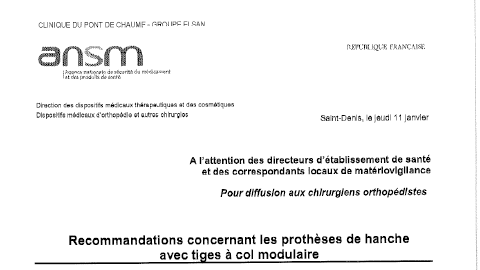 Recommandations concernant les prothèses de hanche avec tiges à col modulaire