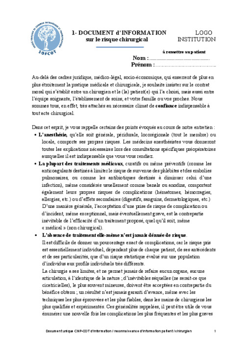 Fiche d'information patients - document d’information sur le risque chirurgical