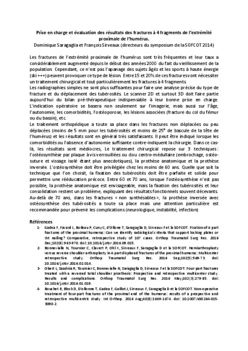 Prise en charge et évaluation des résultats des fractures à 4 fragments de l’extrémité proximale de l’humérus