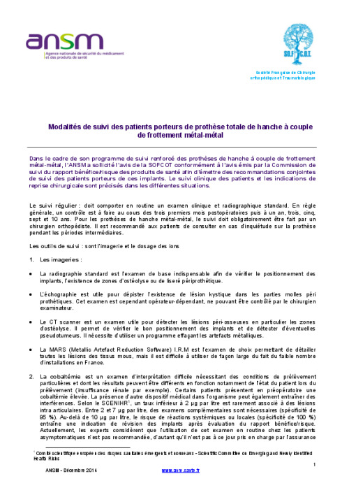 Modalités de suivi des patients porteurs de prothèse totale de hanche à couple de frottement métal-métal