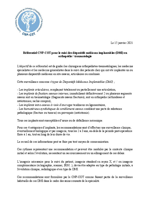 Référentiel suivi des dispositifs médicaux implantables (DMI) en orthopédie / traumatologie