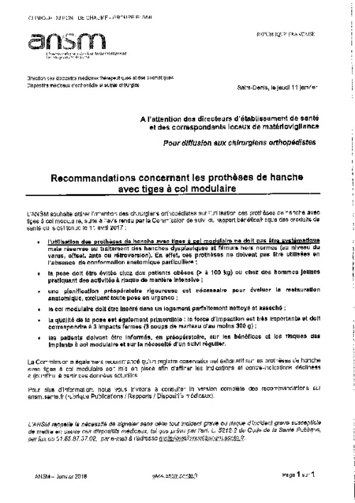 Recommandations concernant les prothèses de hanche avec tiges à col modulaire