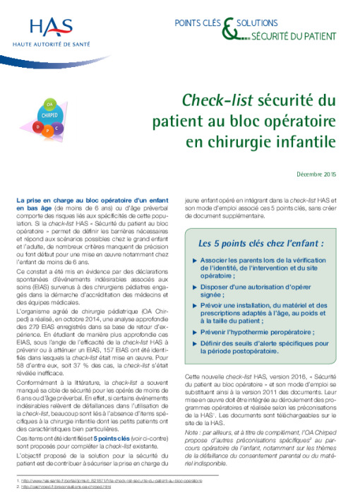 Check-list sécurité du patient au bloc opératoire en chirurgie infantile