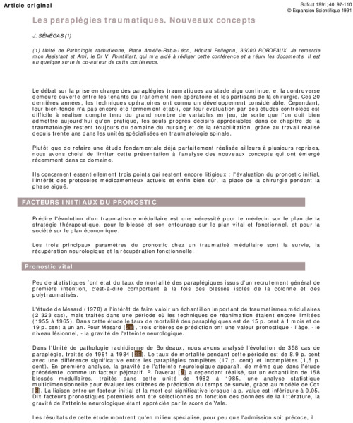 Les paraplégies traumatiques. Nouveaux concepts