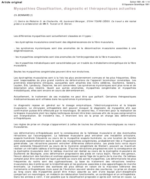 Myopathies Classification, diagnostic et thérapeutiques actuelles