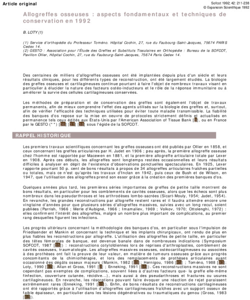 Allogreffes osseuses : aspects fondamentaux et techniques de conservation en 1992
