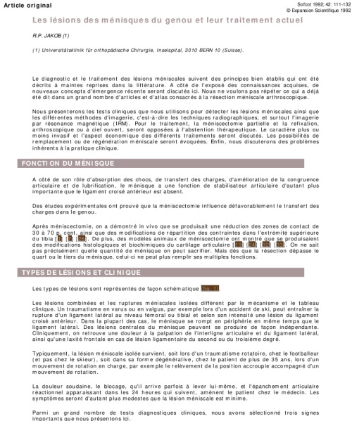 Les lésions des ménisques du genou et leur traitement actuel