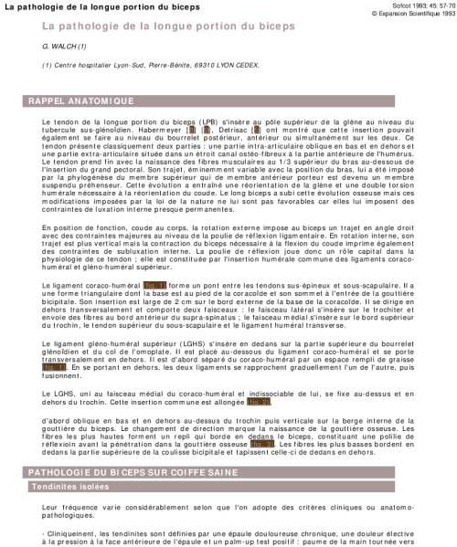 La pathologie de la longue portion du biceps