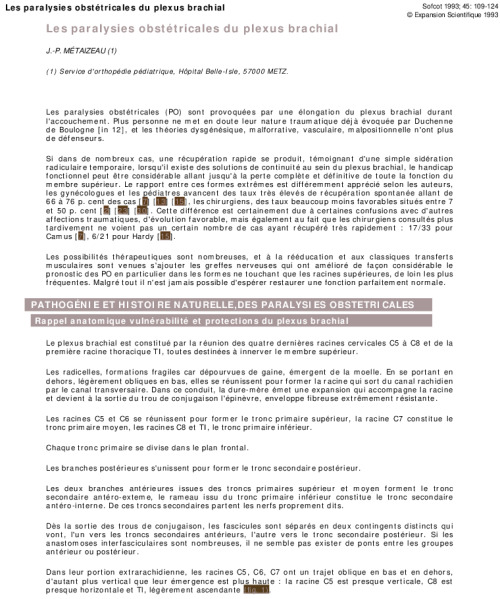 Les paralysies obstétricales du plexus brachial