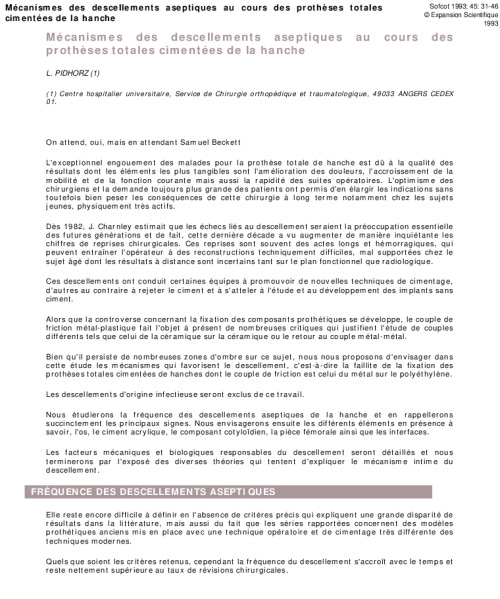 Mécanismes des descellements aseptiques au cours des prothèses totales cimentées de la hanche