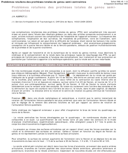 Problèmes rotuliens des prothèses totales de genou semi- contraintes
