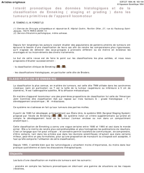 Interêt pronostique des données histologiques et de la classification de Enneking ( staging et grading ) dans les tumeurs primitives de l'appareil...