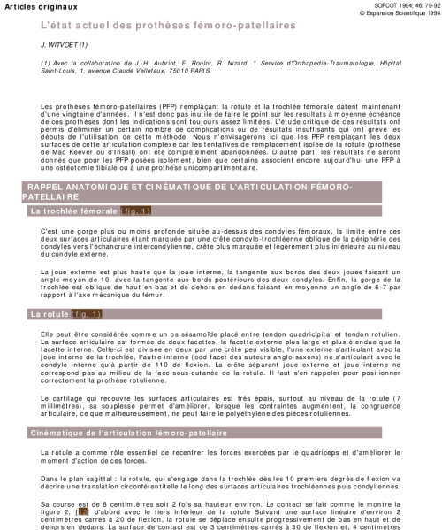 L'état actuel des prothèses fémoro-patellaires