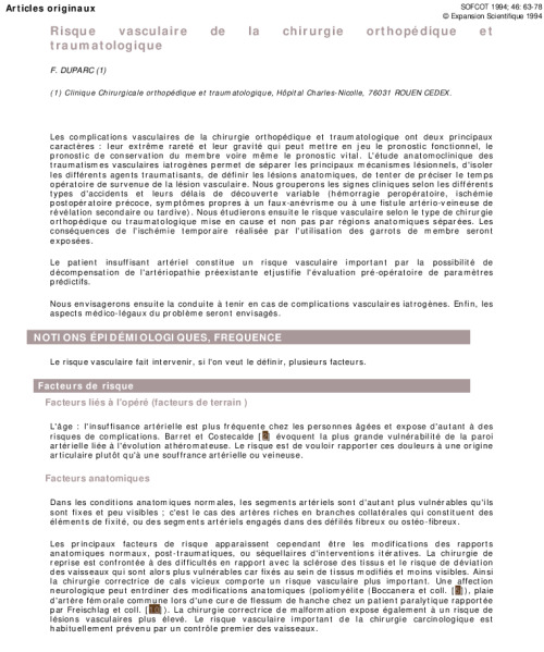 Risque vasculaire de la chirurgie orthopédique et traumatologique