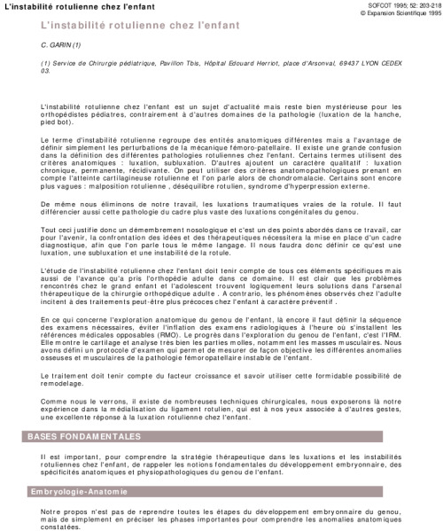 L'instabilité rotulienne chez l'enfant