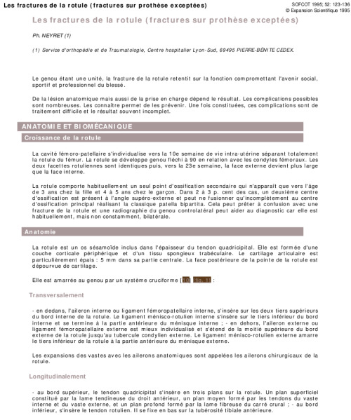 Les fractures de la rotule (fractures sur prothèse exceptées)