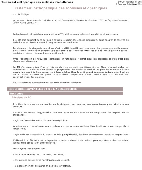 Traitement orthopédique des scolioses idiopathiques