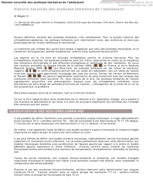 Histoire naturelle des scolioses lombaires de l'adolescent