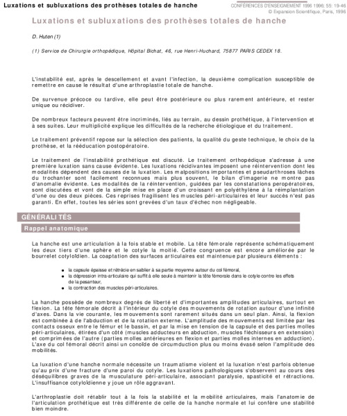 Luxations et subluxations des prothèses totales de hanche