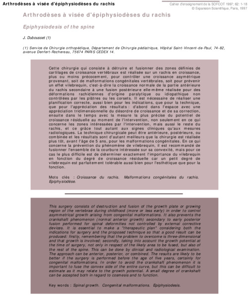 Arthrodèses à visée d'épiphysiodèses du rachis