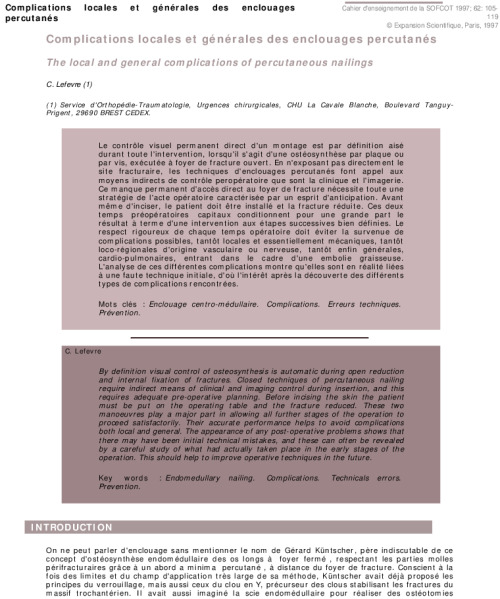 Complications locales et générales des enclouages percutanés