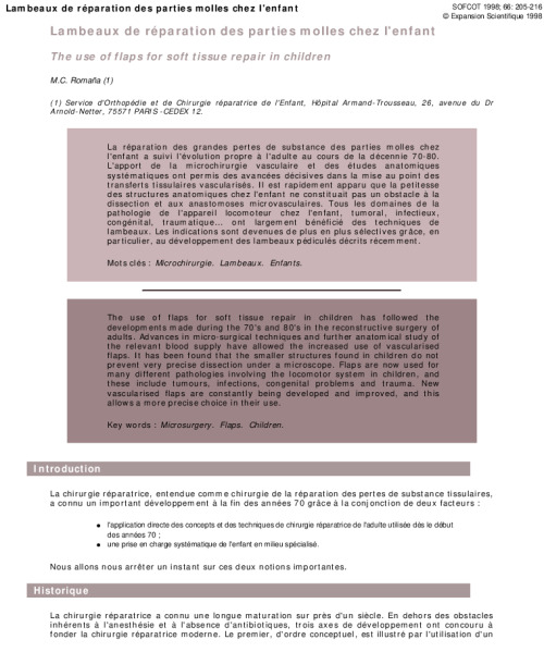 Lambeaux de réparation des parties molles chez l'enfant