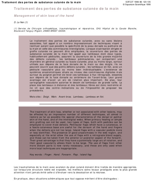 Traitement des pertes de substance cutanée de la main