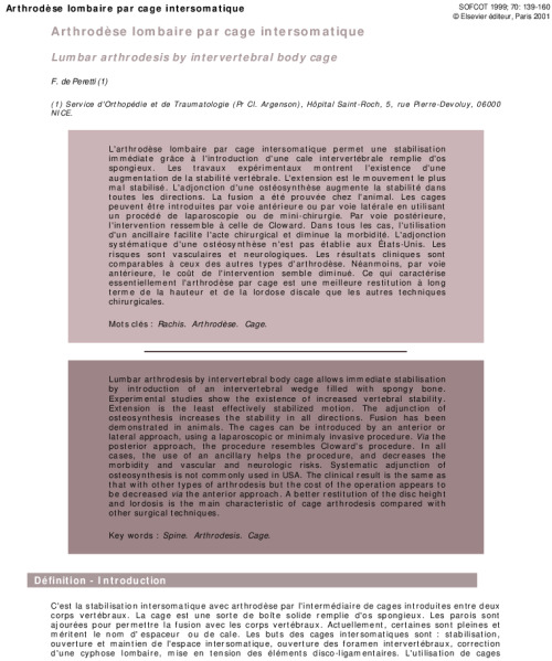 Arthrodèse lombaire par cage intersomatique