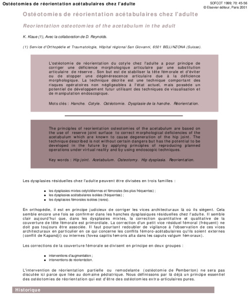 Ostéotomies de réorientation acétabulaires chez l'adulte