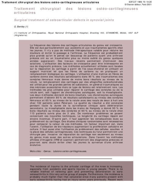 Traitement chirurgical des lésions ostéo-cartilagineuses articulaires