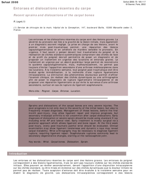 Entorses et dislocations récentes du carpe