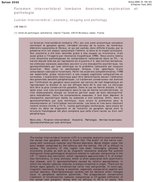 Foramen intervertébral lombaire Anatomie, exploration et pathologie