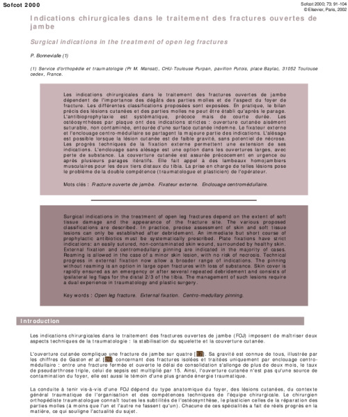 Indications chirurgicales dans le traitement des fractures ouvertes de jambe