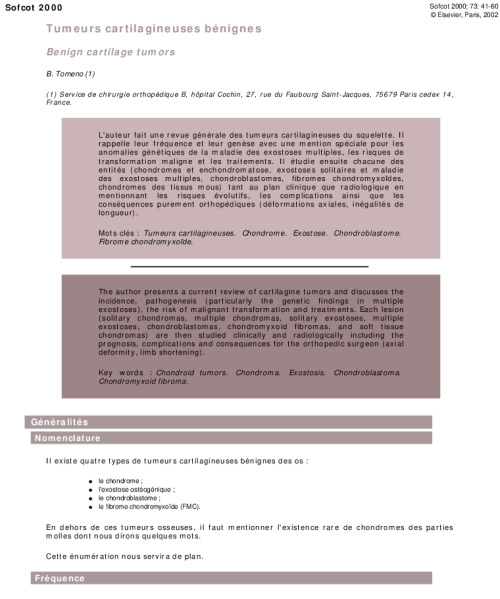 Tumeurs cartilagineuses bénignes