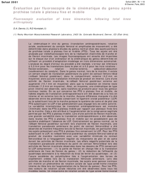 Evaluation par fluoroscopie de la cinematique du genou apres prothese totale a plateau fixe et mobile