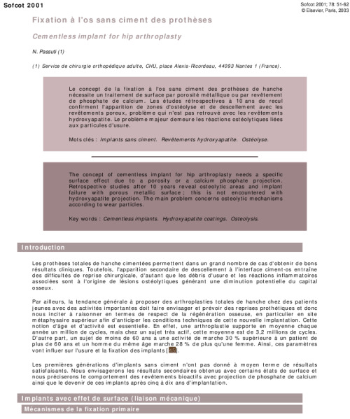 Fixation a l'os sans ciment des protheses