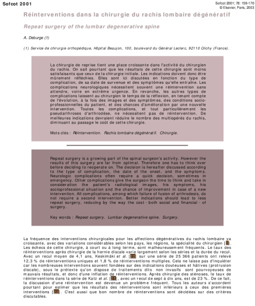Reinterventions dans la chirurgie du rachis lombaire degeneratif