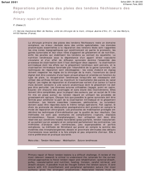 Reparations primaires des plaies des tendons flechisseurs des doigts