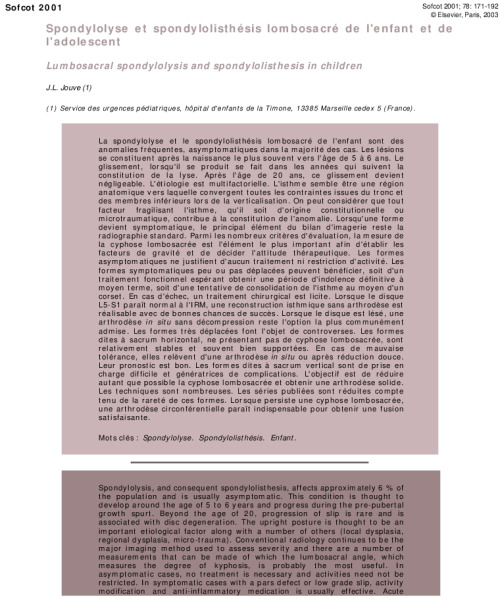 Spondylolyse et spondylolisthesis lombosacre de l'enfant et de l'adolescent