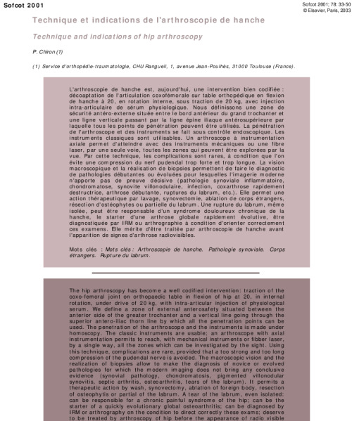 Technique et indications de l'arthroscopie de hanche