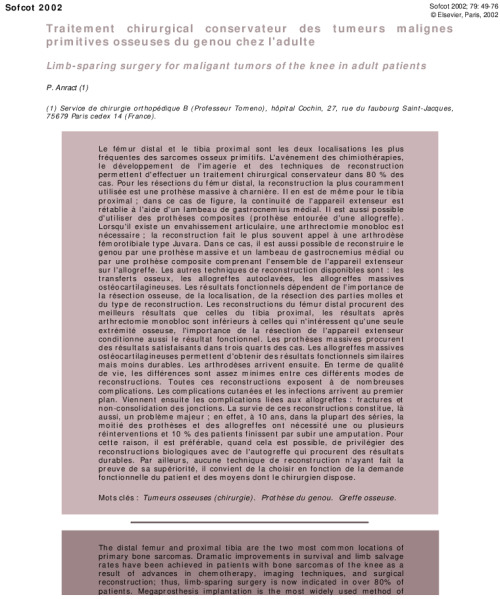Traitement chirurgical conservateur des tumeurs malignes primitives osseuses du genou chez l'adulte
