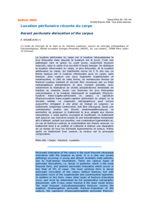 Luxation perilunaire recente du carpe