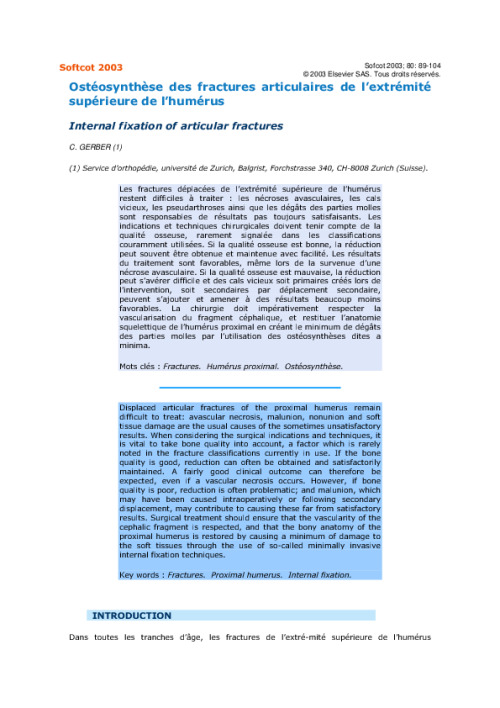 Osteosynthese des fractures articulaires de l’extremite superieure de l’humerus
