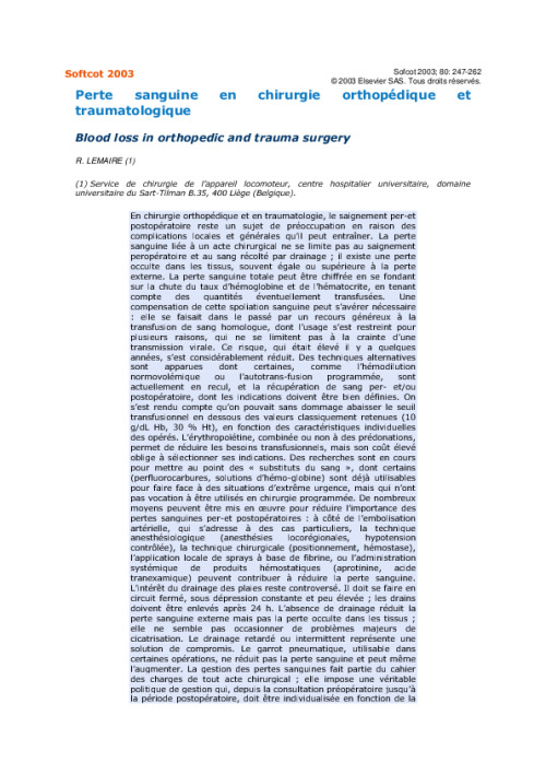 Perte sanguine en chirurgie orthopedique et traumatologique