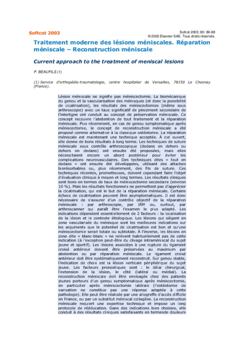 Traitement moderne des lesions meniscales. Reparation meniscale – Reconstruction meniscale