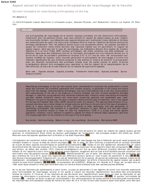 Aspect actuel et indications des arthroplasties de resurfacage de la hanche