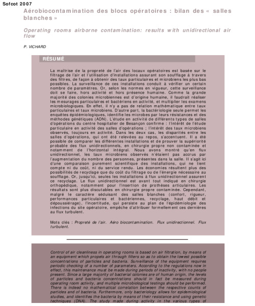Aerobiocontamination des blocs operatoires : bilan des « salles blanches »