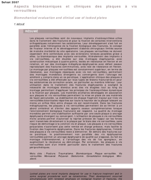 Aspects biomecaniques et cliniques des plaques a vis verrouillees